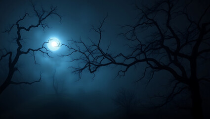 Eerie Moonlit Night: A Mystical Reflection of Branching Silhouettes in Misty Forest