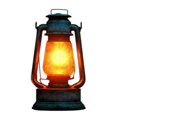 Glowing antique lantern emitting warm light on a rustic wooden surface against a muted teal