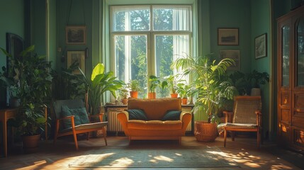 Cozy living room filled with lush greenery and warm natural light