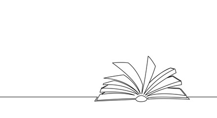 One continuous line banner open book lies on table. Education and knowledge library concept in simple linear style. Doodle vector illustration