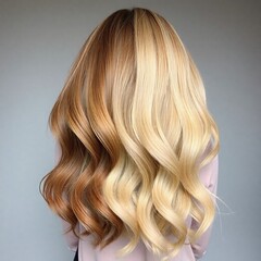 Fototapeta premium Back view of woman with perfectly done curly blonde hair. Female with silky hair, haircare beauty theme