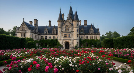 Majestic Castle Surrounded by Vibrant Roses At Dusk With Blue Sky