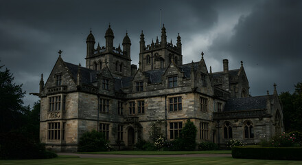 Fototapeta premium Majestic Architectural Stone Estate Under Dramatic Sky in Rural Setting