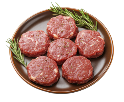 Beef patties preparation kitchen presentation from above isolated on transparent background