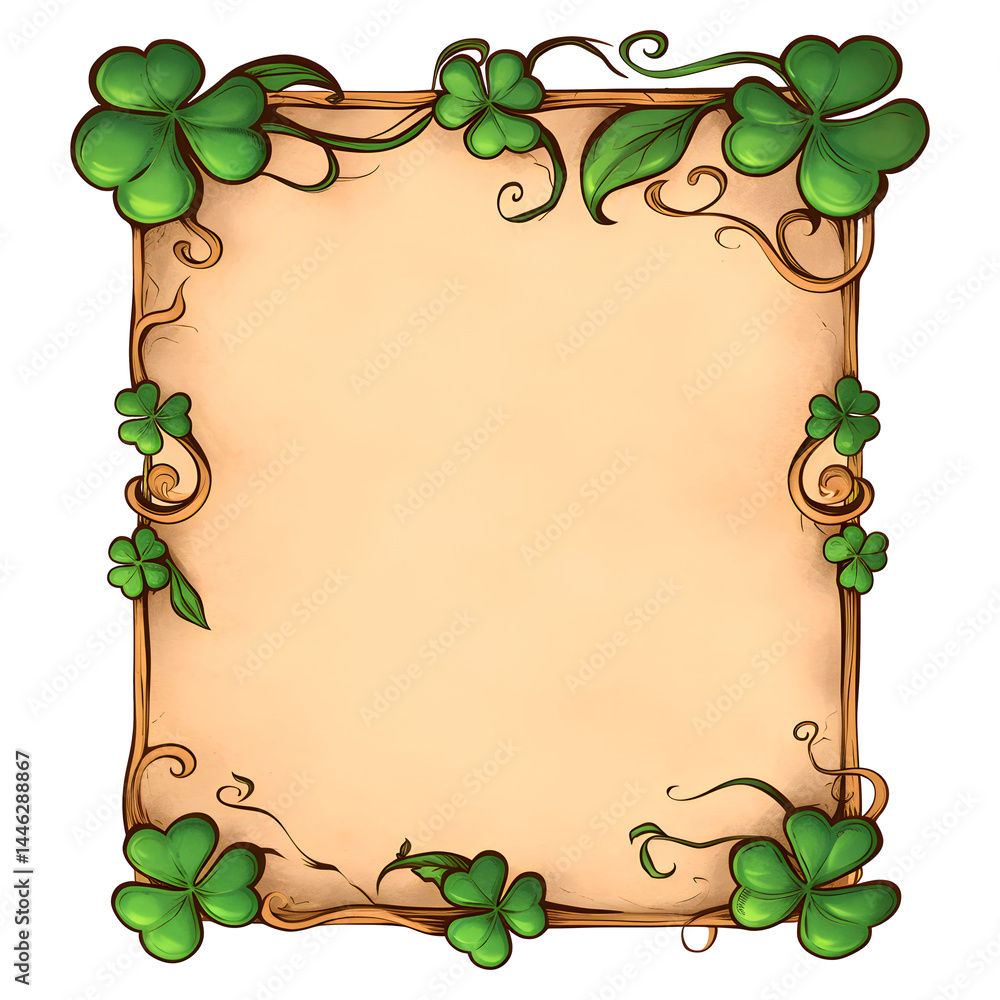 Poster st. patrick's day frame with shamrocks and scrolls on parchment background. irish holiday border des