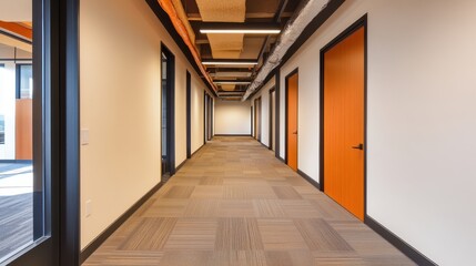 Fototapeta premium Modern office hallway with orange doors, sleek design, and neutral tones, showcasing a clean layout