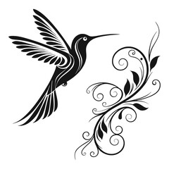 Vector Illustration of a Hummingbird Silhouette with Elegant Wings in Flight, Encircled by a Lotus Flower and Leafy Branch for Nature-Inspired and Decorative Art Projects