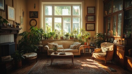 Cozy vintage living room with indoor plants and antique furniture in sunlit setting