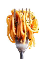 Delicious spaghetti twirled on fork kitchen food bright isolated on transparent background