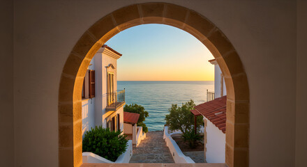 Picturesque Ocean View Through Stone Archway At Sunset Time