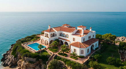 Obraz premium Luxury Villa Overlooking The Ocean Atop A Cliffside In A Mediterranean Setting