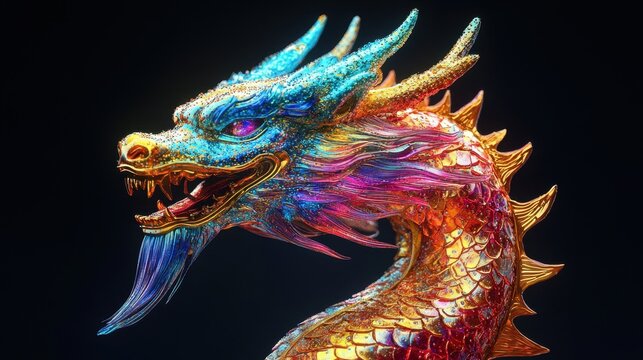 Vibrant multicolored dragon in profile on black background