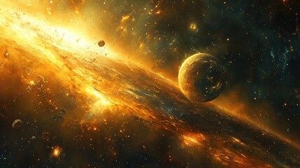 Obraz premium Stunning cosmic nebula and planet in fiery space scene