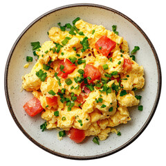 Scrambled eggs with tomatoes kitchen food bright top-down breakfast isolated on transparent background