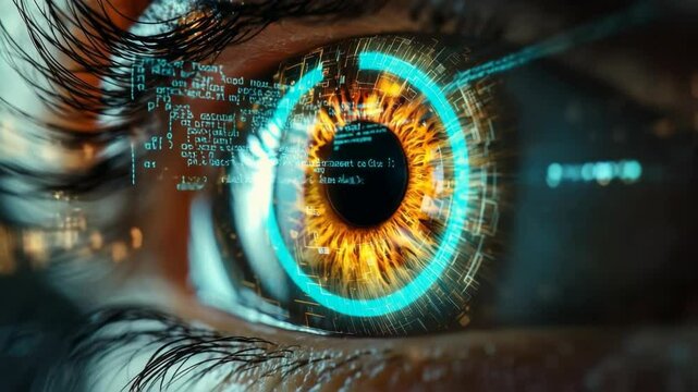 Biometric Eye Scan with Holographic Data Overlays for Digital Security Interface Concepts