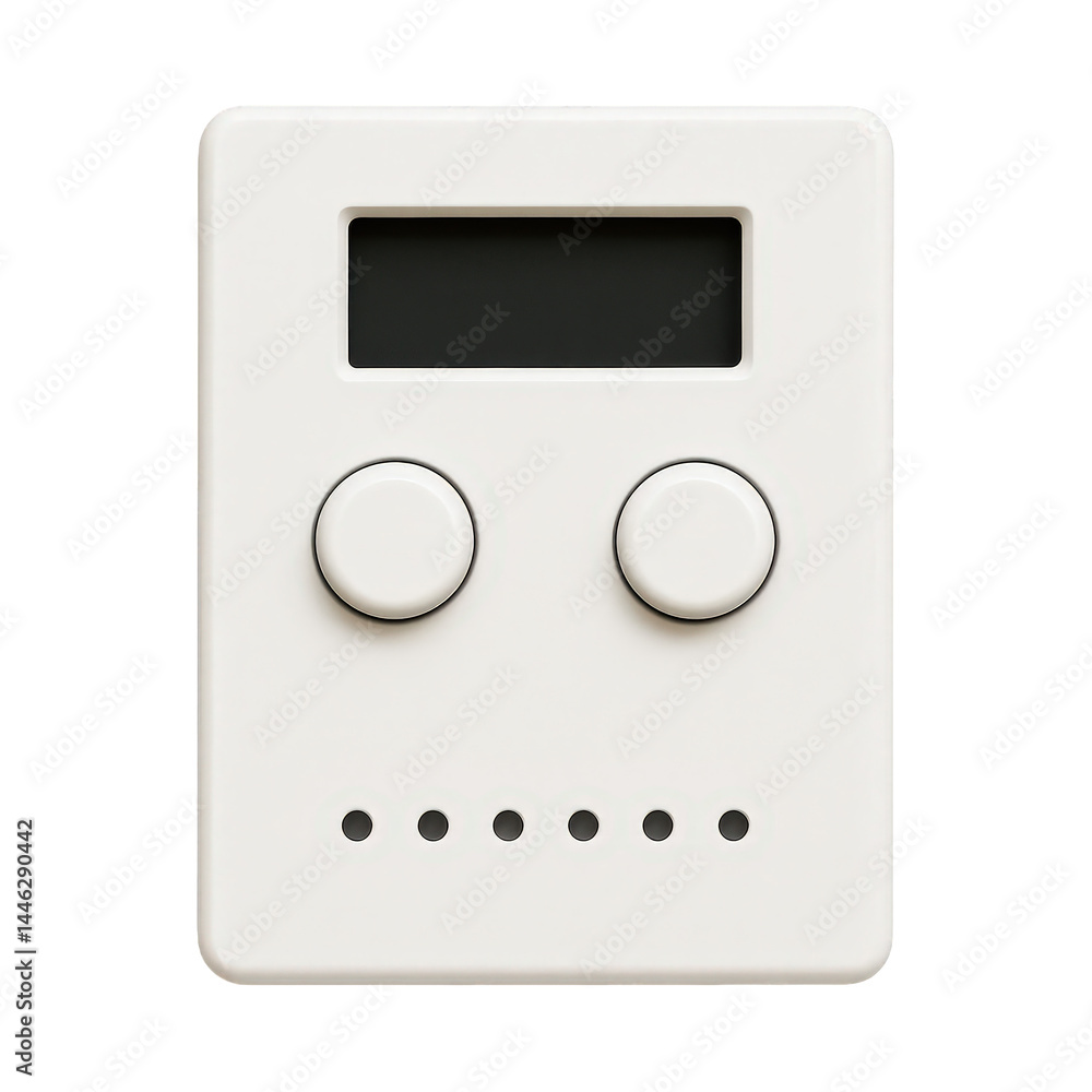Poster minimalist white device featuring rectangular screen, dual circular buttons, and five indicator ligh