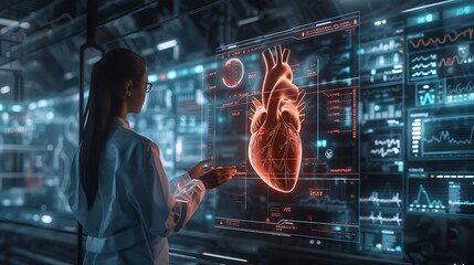 A female scientist interacts with a glowing three-dimensional anatomical heart model displayed on a sophisticated transparent digital interface for complex biological study.
