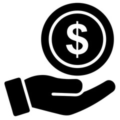 A simple, flat vector icon of a hand holding a coin with a dollar sign. isolated on white background