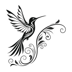 Vector Illustration of a Hummingbird Silhouette with Elegant Wings in Flight, Encircled by a Lotus Flower and Leafy Branch for Nature-Inspired and Decorative Art Projects