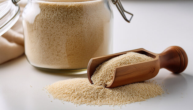 raw uncooked fonio seeds in a wooden scoop near glass jar on white table closeup african cereal