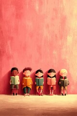 Naklejka premium Group of five children reading books together against a vibrant pink backdrop