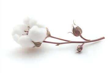 Delicate cotton bloom branch soft white fluffy boll brown stems pure white background minimalist