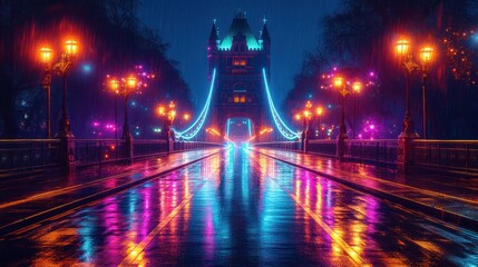 Rain-soaked bridge at night, vibrant colors