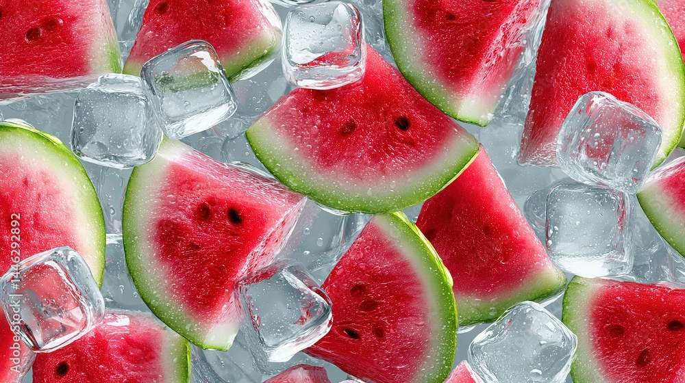 Poster refreshing watermelon slices and ice cubes in a summery display.