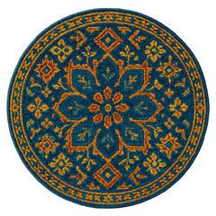 Fototapeta premium Vibrant circular design featuring intricate symmetrical floral and geometric patterns in rich deep blue and radiant golden hues.