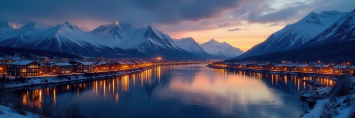 Gilded Alaska urban panorama, refined black setting,  graphic,  cityscape