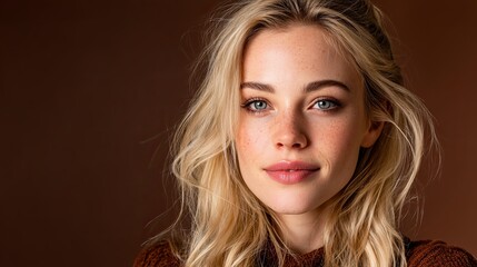 Fototapeta premium Beautiful Blonde Woman Portrait with Freckles and Brown Background