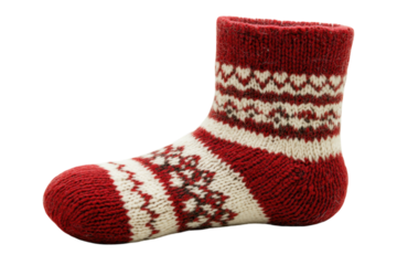 Warm winter wool sock cozy red cream knit pattern festive holiday feel soft texture white background