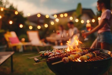 Fototapeta premium Warm evening gathering with food, drinks, and laughter outdoors
