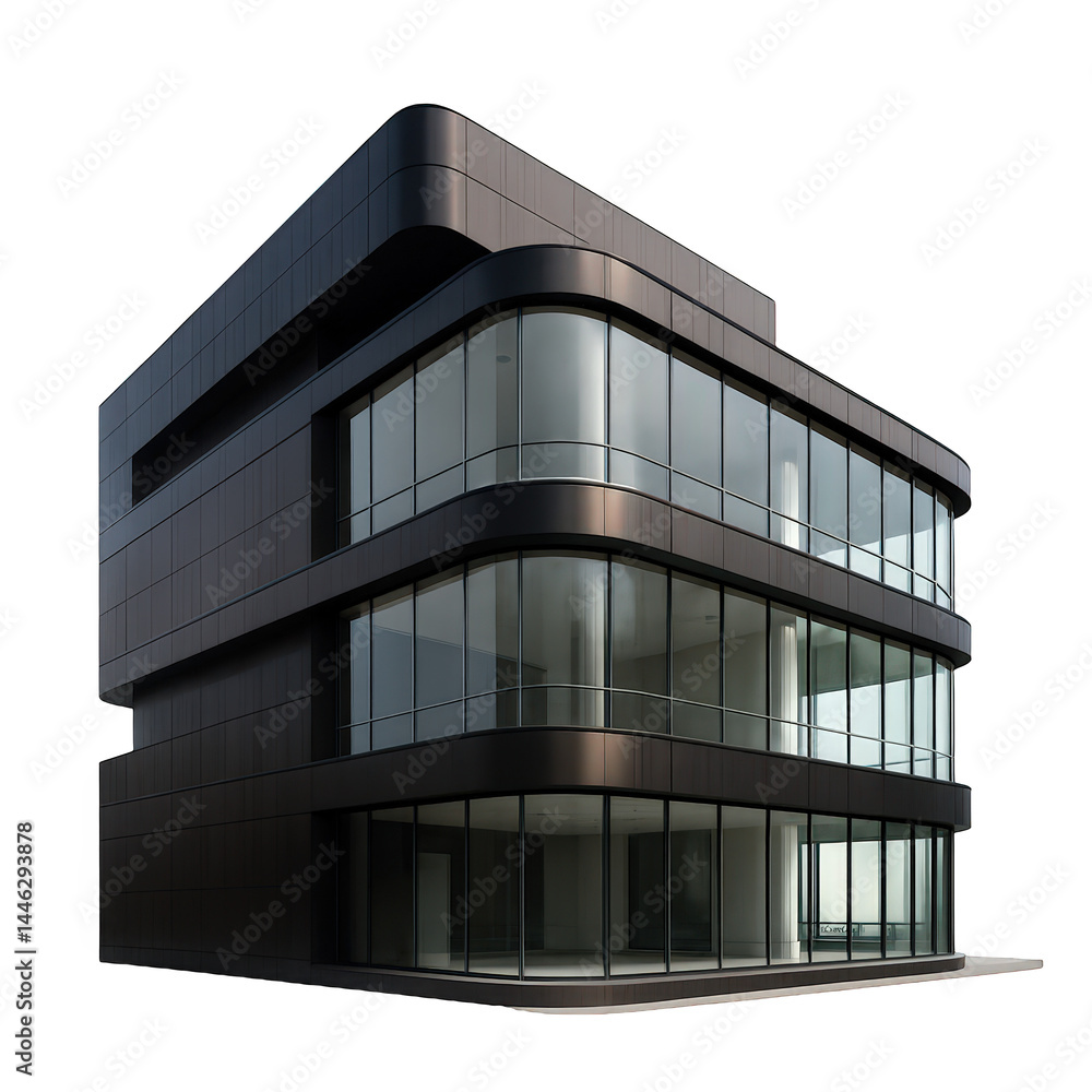 Poster striking modern architecture a multi-level building with dark cladding and prominent curved glass se