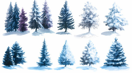 Fototapeta premium A collection of different snow-covered trees showcasing winter beauty. [Mechanical Forests] | Frozen Pines | icy trees. Illustration