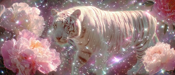 A white tiger amidst ethereal pink flowers.