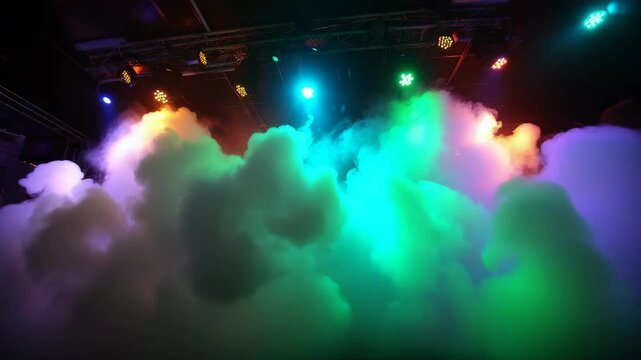 Colorful stage lighting illuminates thick fog with vivid teal, purple, green, orange hues creating atmospheric effect