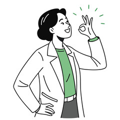 Outlined Asian Woman in Lab Coat Gesturing Okay Sign With Joyful Expression, White Background
