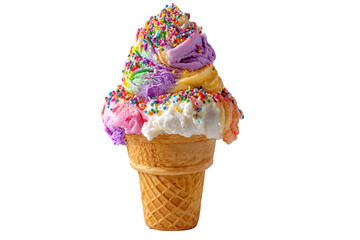 Delicious rainbow ice cream cone with colorful sprinkles sweet treat fun on transparent background