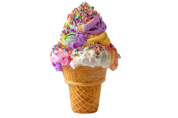 Delicious rainbow ice cream cone with colorful sprinkles sweet treat fun on transparent background