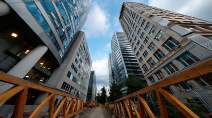 Fototapeta premium Modern city skyscrapers under construction at low angle view with high-rise buildings and blue sky