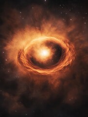 Naklejka premium Fiery ring nebula in deep space, with bright central star and swirling, orange-toned clouds