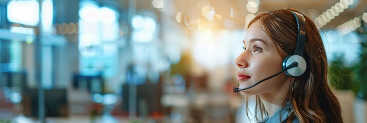 Female employee at a busy call center, with room for personalized messaging