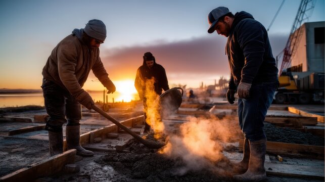 Construction workers pouring concrete at sunset on a building site near water with cranes in the background