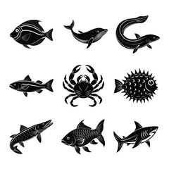 set of fish icons silhouette vcetor liiustration onn white background.
