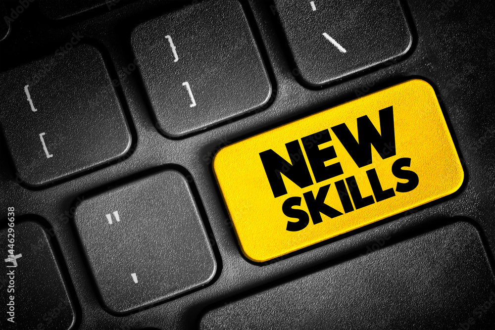 Poster new skills text concept button on keyboard for presentations and reports