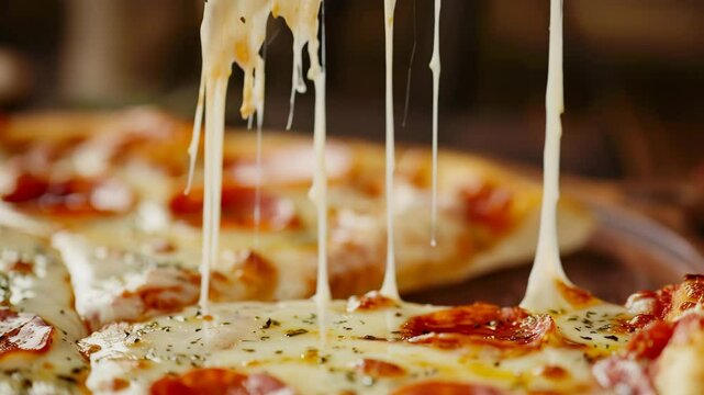 熱々のペパロニピザのチーズがとろける瞬間