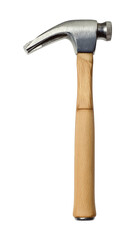 Closeup view of a sturdy metal claw hammer with a light brown wooden on transparent background diy
