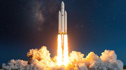 A powerful rocket launches into the night sky, surrounded by smoke and fire, with stars visible in the background.