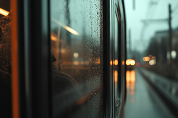 A rainy evening tram ride captures the moody, reflective atmosphere of illuminated city streets, highlighting public transport